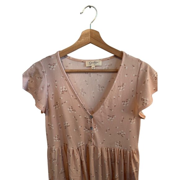 Jessica Simpson Pink Floral Tiered Mini Dress Women's Size L Ruffle Flutter Slee - Picture 3 of 4